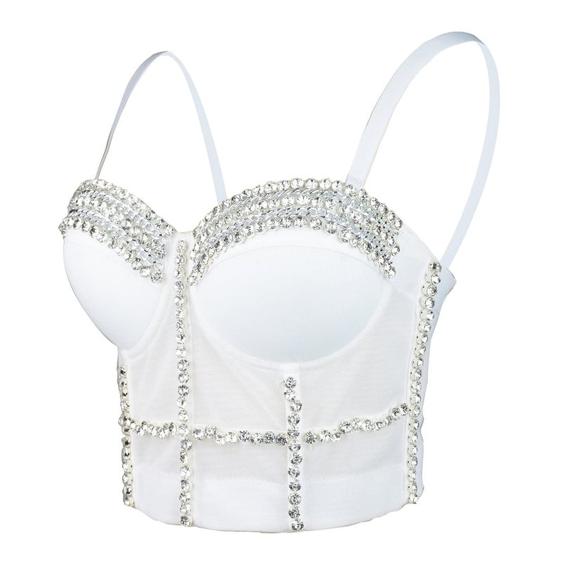 ELLACCI Women's Diamond Chain Mesh Bustier Crop Top Push Up Corset Top Bralet White Medium - Image 1